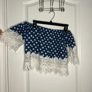 love J Blouse blue polka dot with white lace small